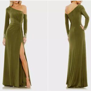 MAC DUGGAL 55696 ONE SLEEVE BEADED CUFF SIDE TWIST THIGH SLIT OLIVE GOWN sz 14